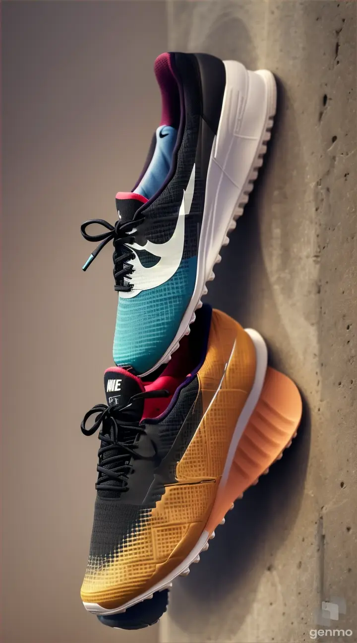 Close-up photograph of a modern pair of Nike running shoes with waffle-textured soles, showcasing how Bowerman's design legacy continues to influence athletic footwear today.