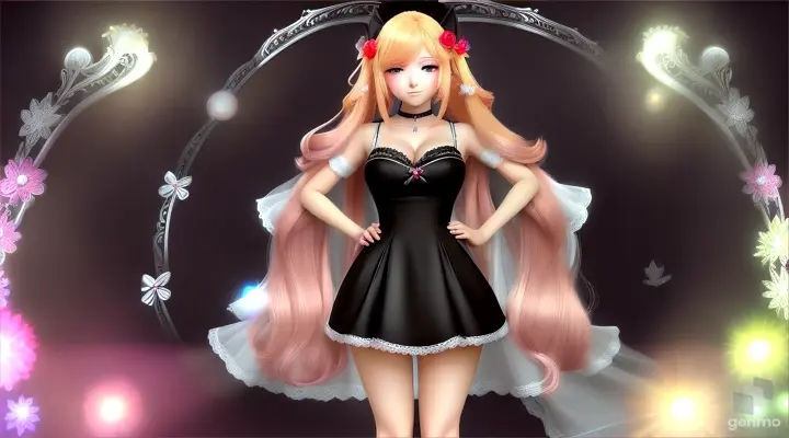 Señorita de anime rubia con coletas Himagami Kodama con vestido negro y lineas rojas hace venia en una ceremonia y los personajes del anime Maken Ki! le aplauden.