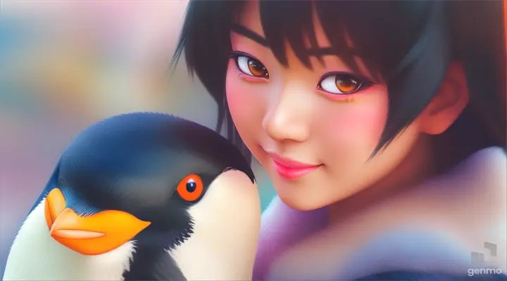 Señorita de anime Ikkitousen,Chinkyuu Koudai,acaricia a un pingüino.
