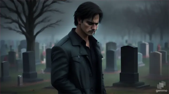 A man talks in front of a grave while crying. In the cemeteries there is a 3D cinematic scene, dark, muted colours.