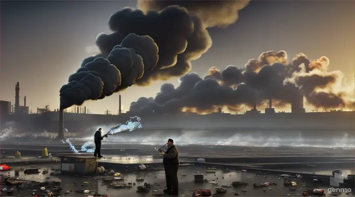 Una fábrica soltando humo junto a un río el río lleno de basura y sucio un hombre gordo con un puro observa riendo en 3d digital volumen crudo 