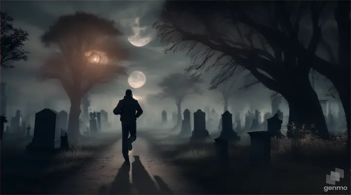 A man runs in fear in a dark cemetery. In a dark 3D cinematic scene, colors appear dark and muted.