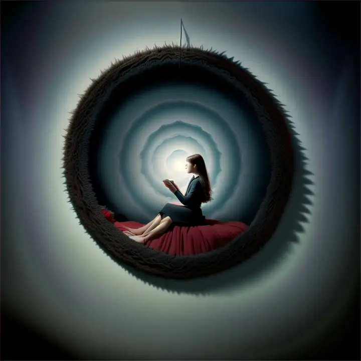 a woman sitting in a circle with a red blanket