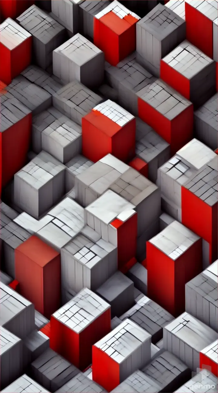 red and gray blocks moving like buildings in a city from a realistic aerial view