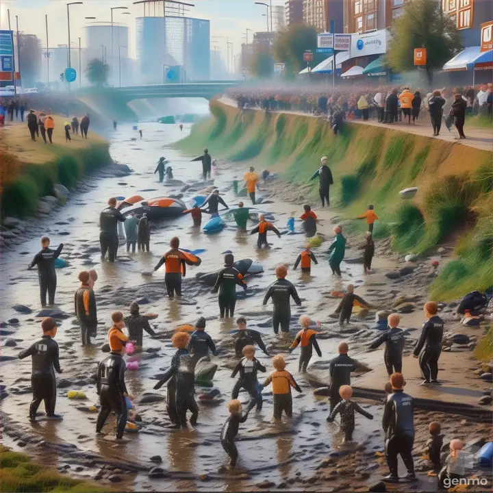 a group of people in wet suits playing in a river