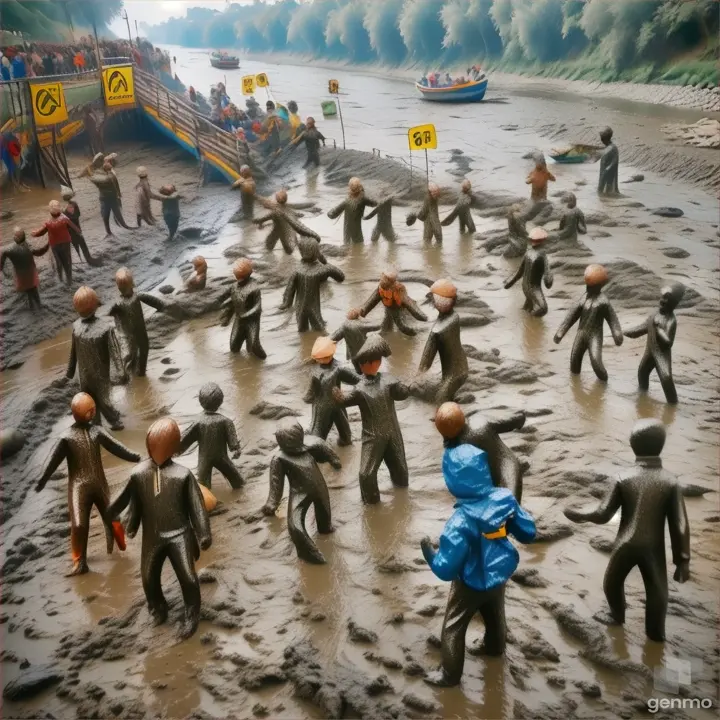 a group of people in mud suits playing in a river