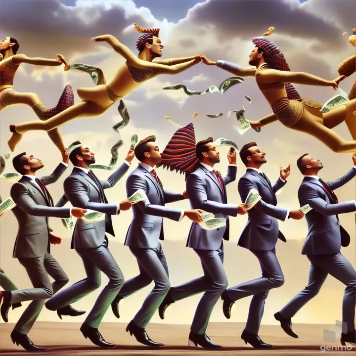 a group of men in suits and money flying through the air