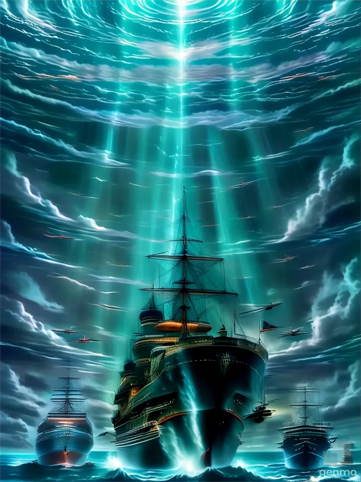 a painting of a ship in the middle of the ocean