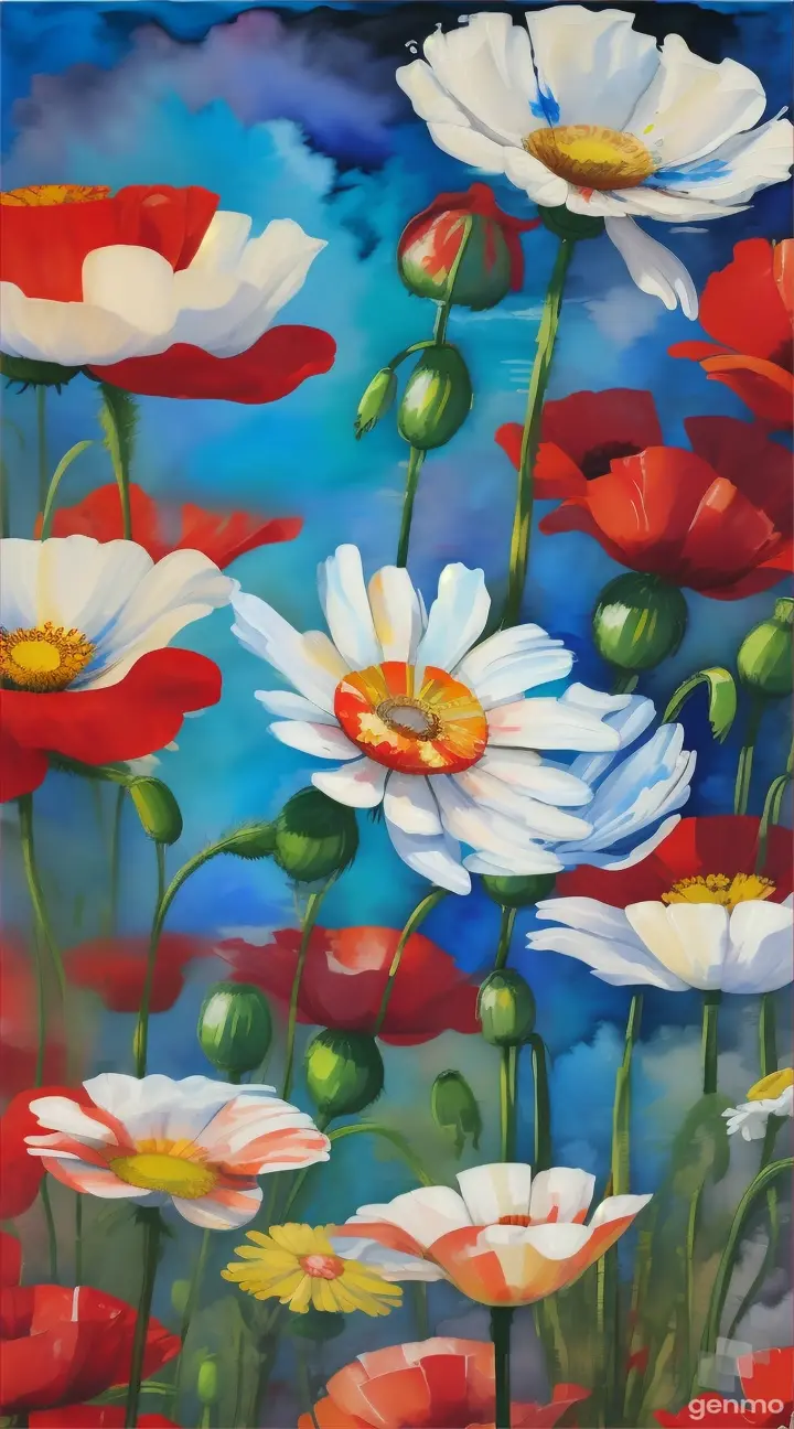 drawing in the style of large strokes of oil painting: on the blue sky: One chamomile and three red poppy flowers. watercolor pop art background.