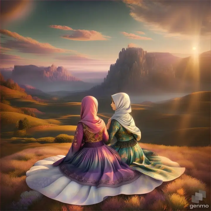 Two hijabis lounging in a fantastical, dream-like landscape that changes colors in each shot