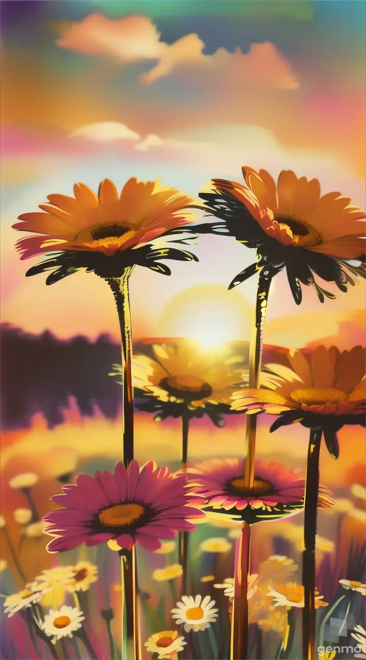 Add inverted 'pop-art' detailing to the three watercolor daisies against a golden hour backdrop