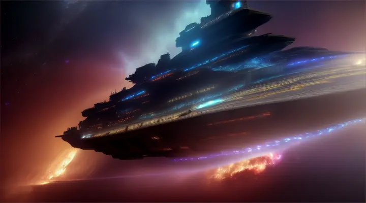 A cinematic, wide-angle view of a massive space battleship highlighted by colored lights in a nebula storm