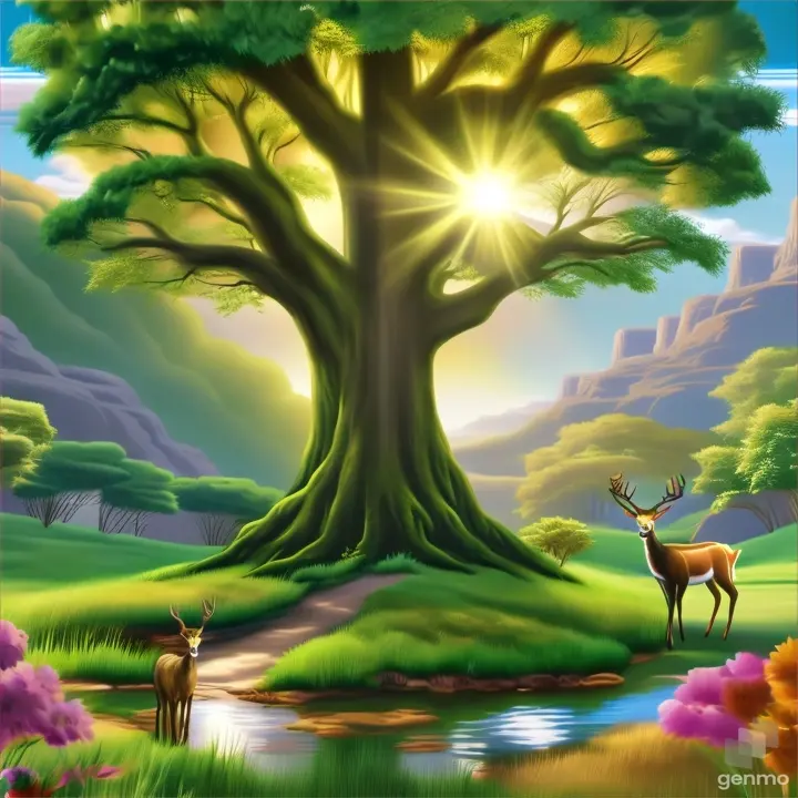 a painting of two deer in a forest