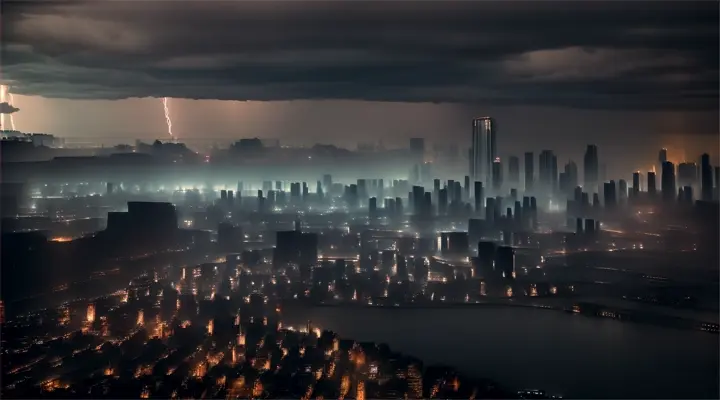 A city at the end of the world, ravaged by a storm, with lightning illuminating the ruins