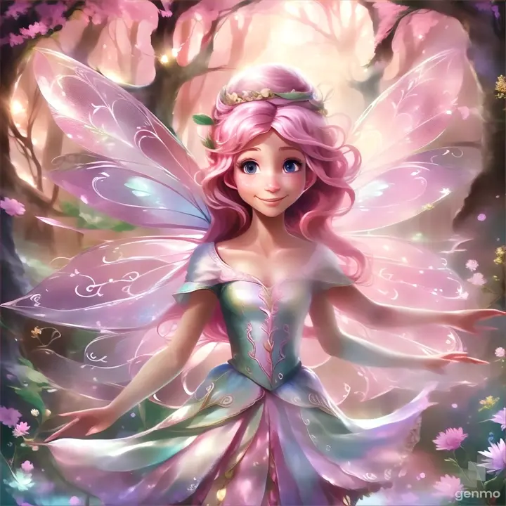 a fairy with pink hair standing in a forest