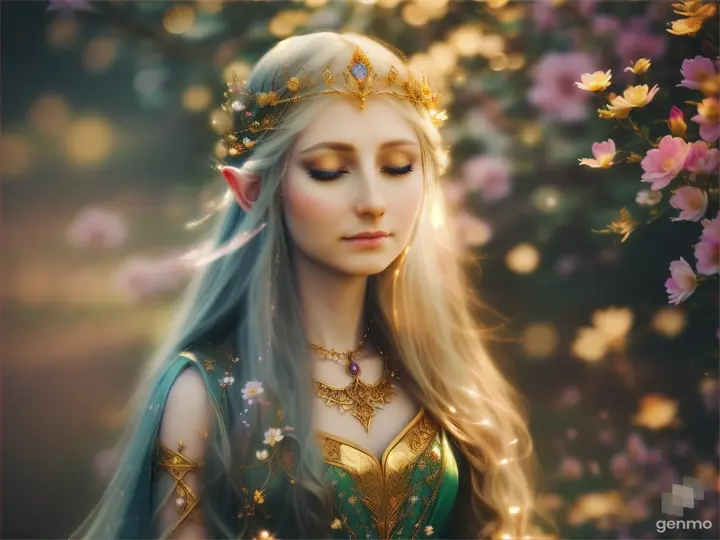 The image depicts a character with their face blurred,  Elf -queen Galadriel  surrounded by a serene and mystical environment. The character has long, flowing adorned with flowers and wears intricate golden jewelry. horizontal image