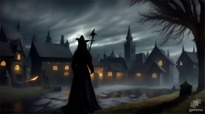 The witch casting spells on the village.