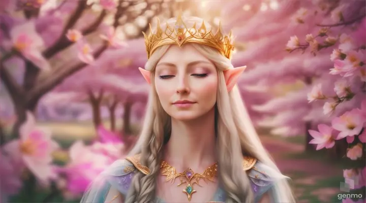 The image depicts a character with their face blurred,  Elf -queen Galadriel  surrounded by a serene and mystical environment. The character has long, flowing pink hair adorned with flowers and wears intricate golden jewelry. horizontal image