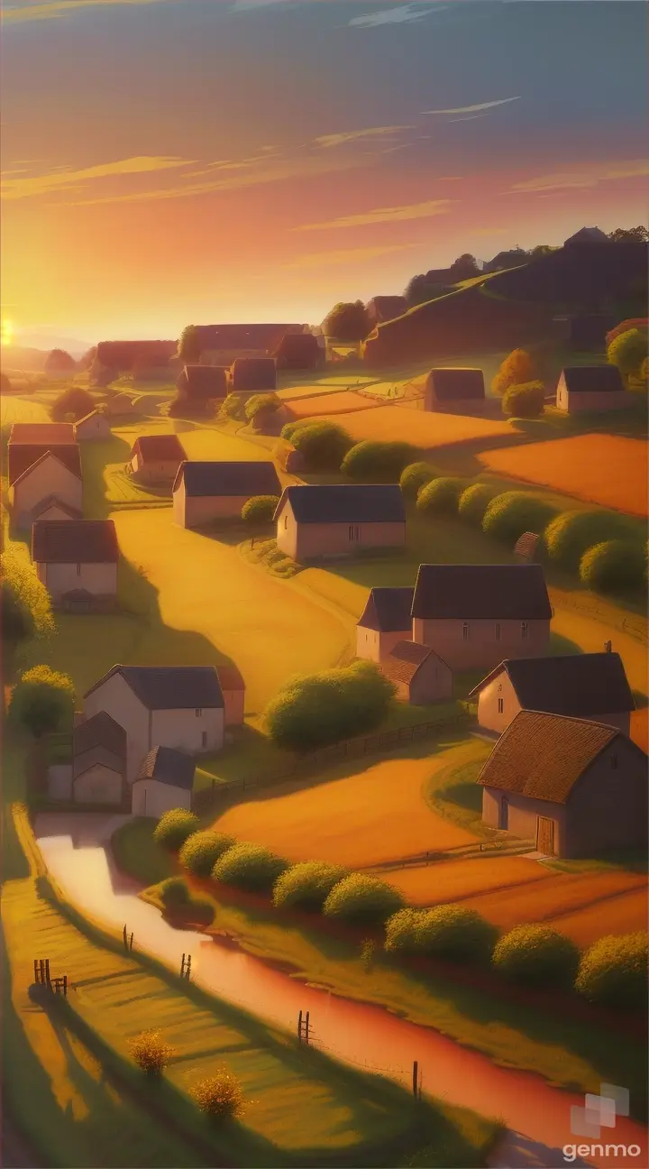 A peaceful scene of the village at sunset.