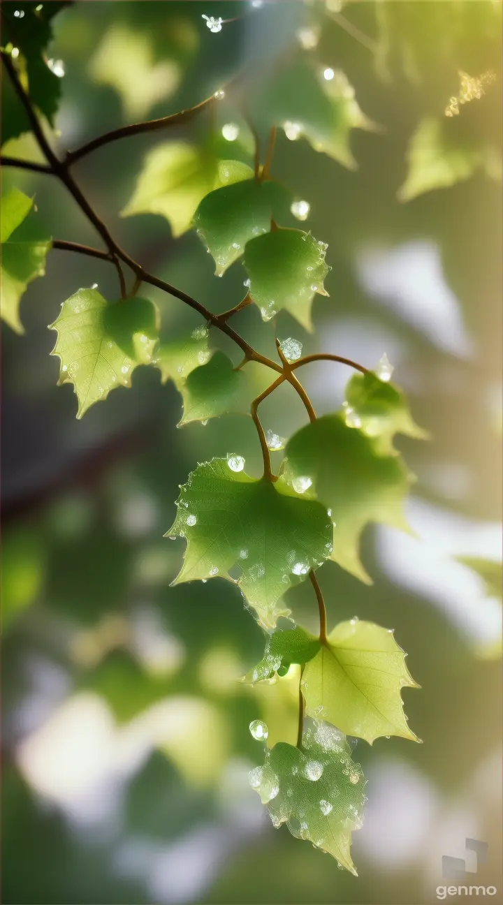 Dewdrops clinging to the delicate tendrils of a vine, refracting the surrounding foliage.
