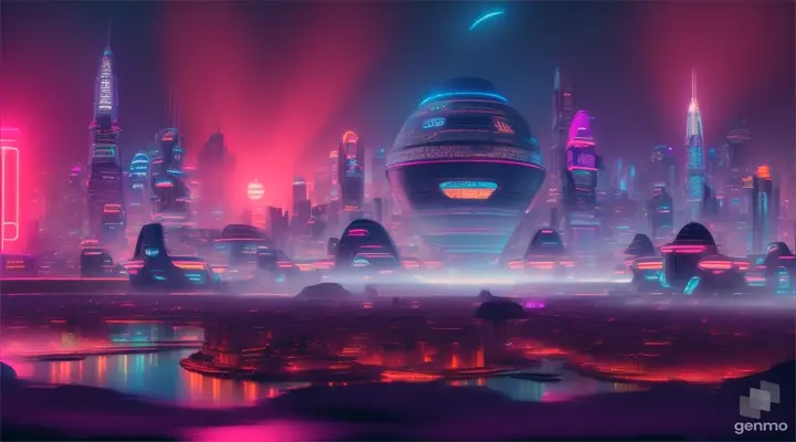 EDM concert in future city south american architecture blue lagoon bay clear night sky