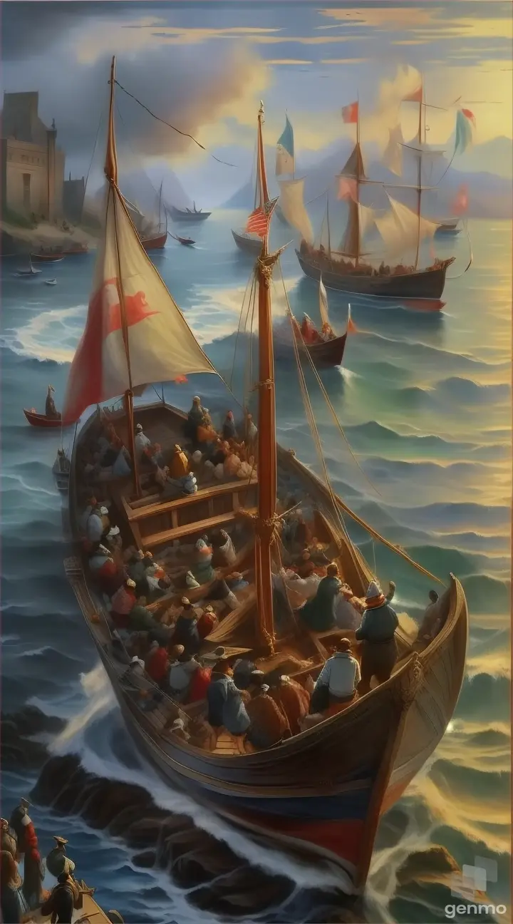 a painting of a boat full of people in the water