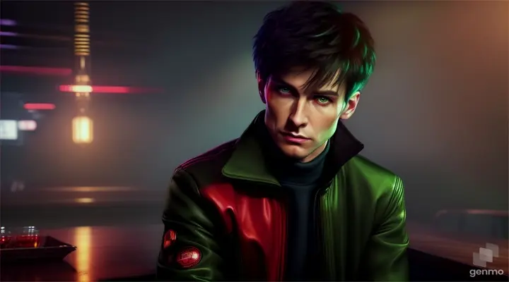 Slim male space cadet with short hair and green eyes, high cheekbones, thin face dark red jacket and gray sleeves Looks sad and anxious. Background is a whiskeybar with a lot of peoble, Bladerunner, highly detailed, digital painting, artstation, concept art, sharp focus, cinematic lighting, illustration, artgerm, greg rutkowski, alphonse mucha, cgsociety, octane render, unreal engine 5