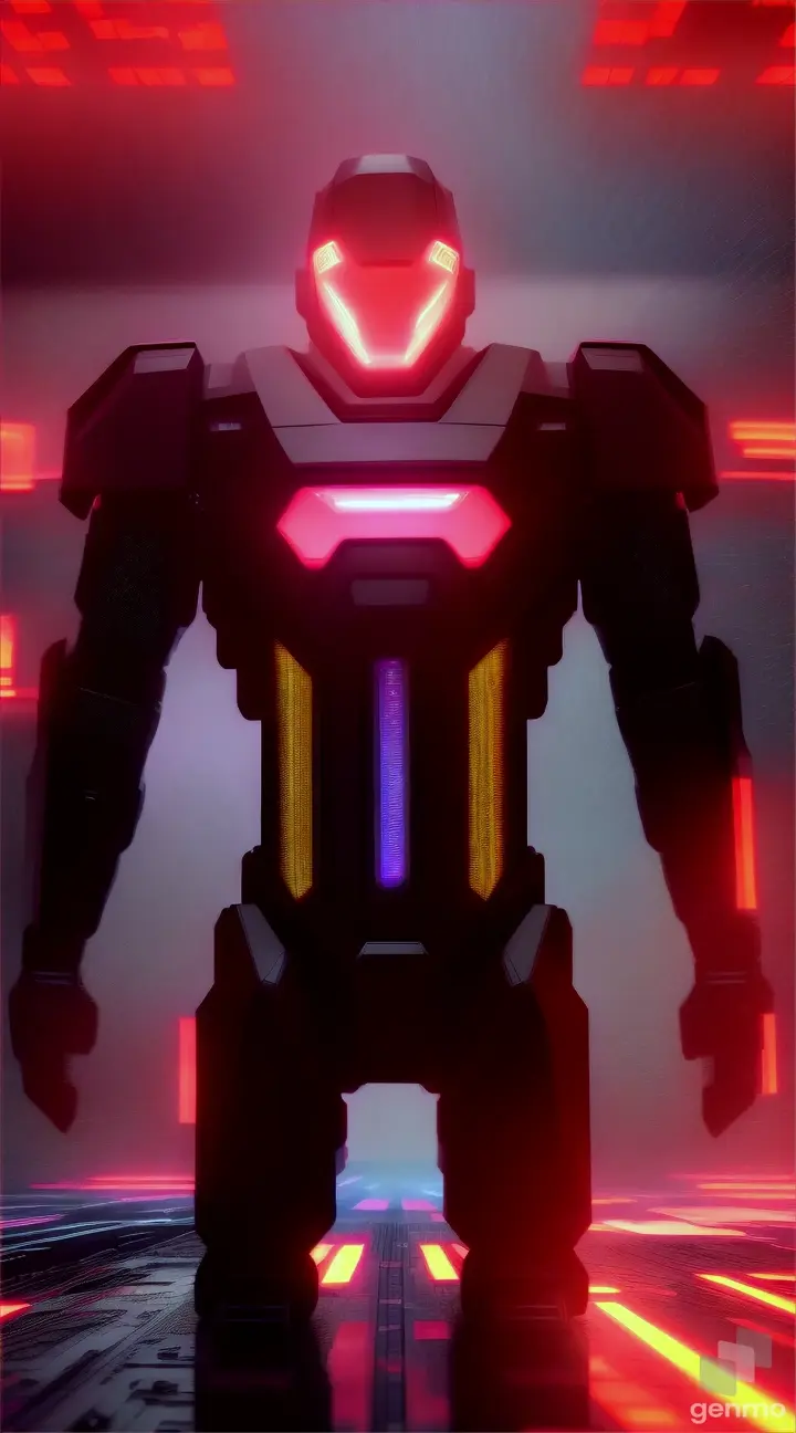 A red hologram of a combat robot in a digital warzone