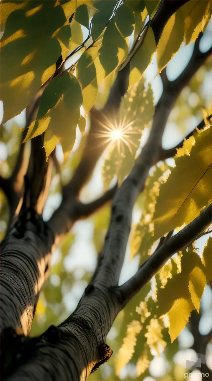 Close-up of sunlight filtering through the leaves of a eucalyptus tree, casting a golden hue on the landscape.
