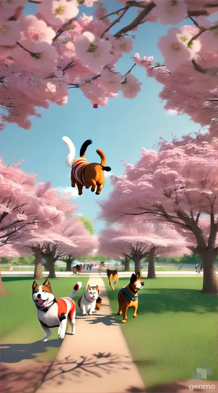 Dogs and cats playing under cherry blossoms: Take pictures of dogs and cats playing and running together under cherry blossom trees. Create a pleasant atmosphere with the wind blowing cherry blossom petals.

3d style animation 9:16