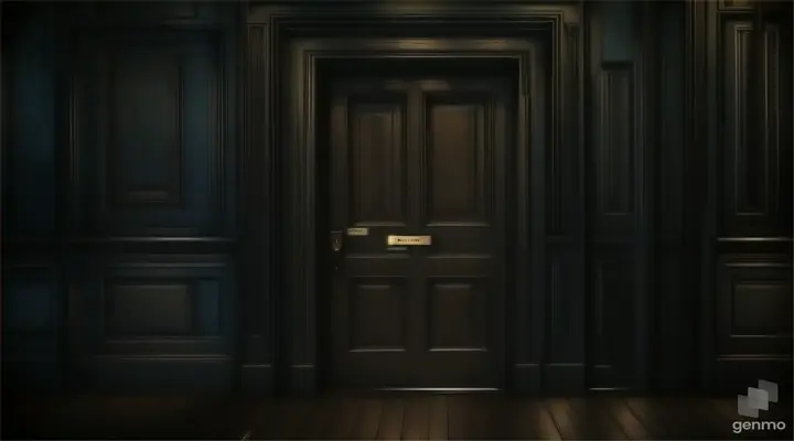 a dark room with a door and a light on