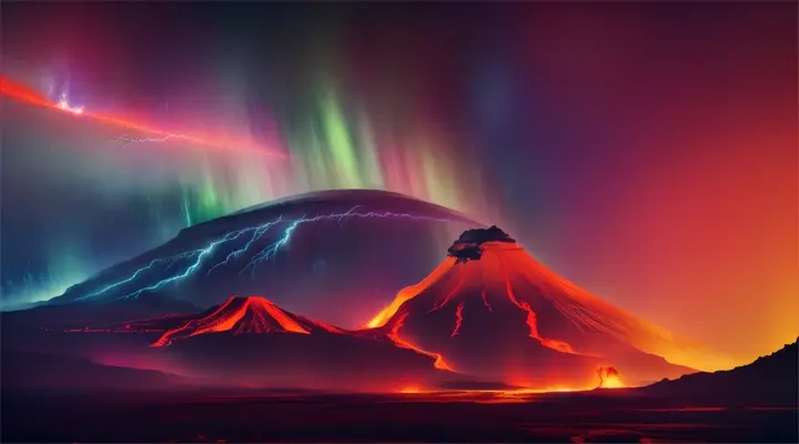 Volcanic eruption amid a magical cosmic storm