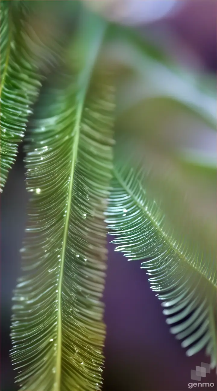 Dewdrops clinging to the delicate fronds of a fern, shimmering in the early morning light.
