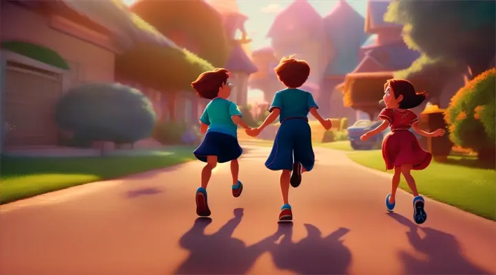 Kids run from Home, in a Pixar 3D style.