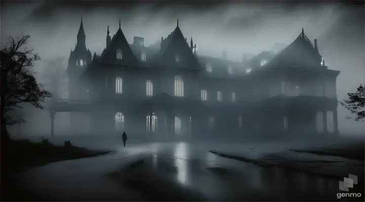 The protagonist returning to the abandoned mansion, shrouded in mist, with a sense of dread lingering in the air