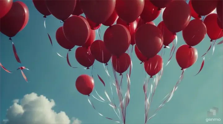 a bunch of red balloons floating in the air