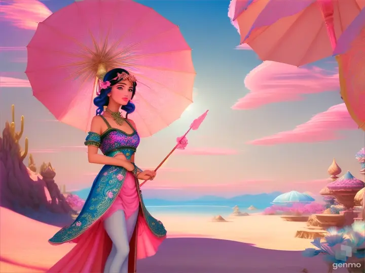 Figure in traditional dress, holding a magical parasol situated in a desert oasis, with a calm blue ocean in the background and pink petal clouds overhead