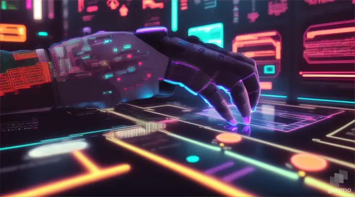 Digitalization Concept: Human Finger Turns on Touch Screen Button and Activates Futuristic Artificial Intelligence. Visualization of Machine Learning