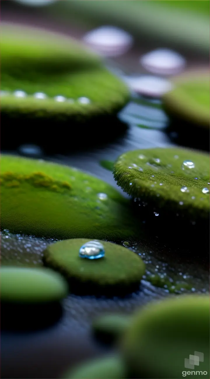 Close-up of raindrops falling onto a bed of moss, creating tiny splashes of water.
