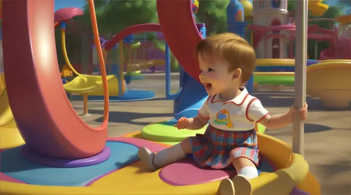 baby kid wearing school dress, on a playground with slides, swings, and other children playing in the background, Pixar 3D
