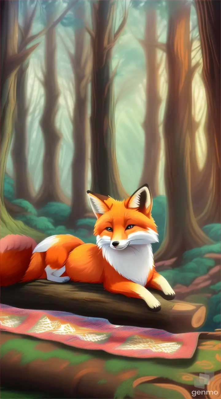 PG v2.5, Cute adorable fox creature lying over Inca tapestry patterned quilt, in top of log trunk on forest,
by Chris Sanders,
expressive, cinematic, dim lit, depth of field, digital painting, lig...,
8k  9/16
