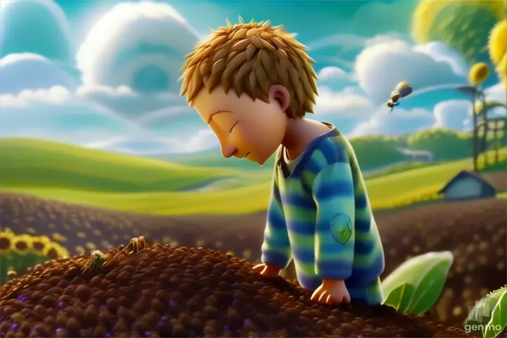 "In a sunny meadow filled with vibrant flowers and buzzing bees, there lived a tiny seed named Sammy. Sammy was no ordinary seed; he had big dreams of becoming a magnificent sunflower."