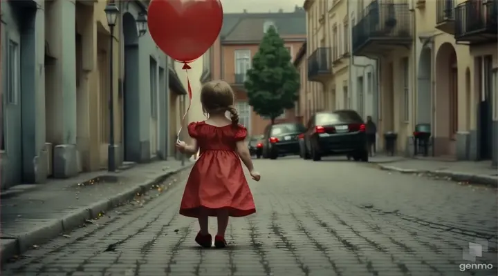 a little girl in a red dress holding a red balloon