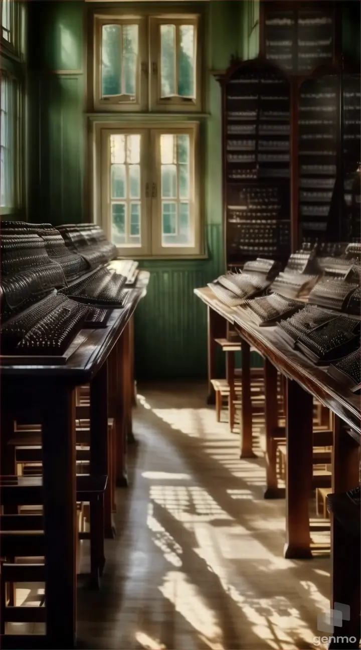 a row of wooden tables sitting in a room