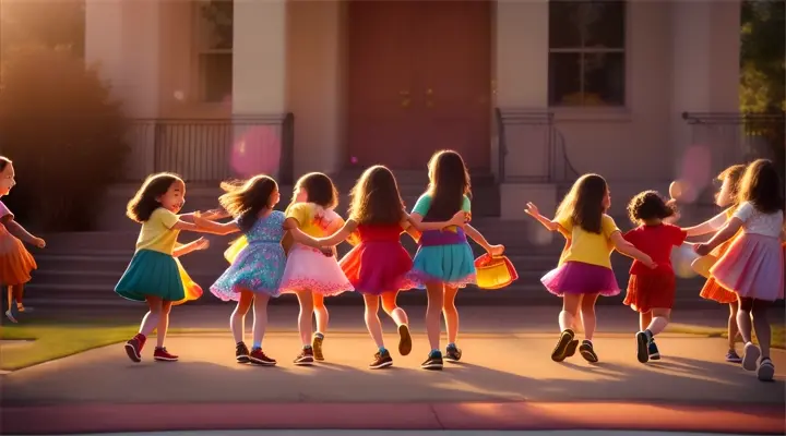Warm embraces and joyful reunions with friends as children gather outside the school. Pixar 3d