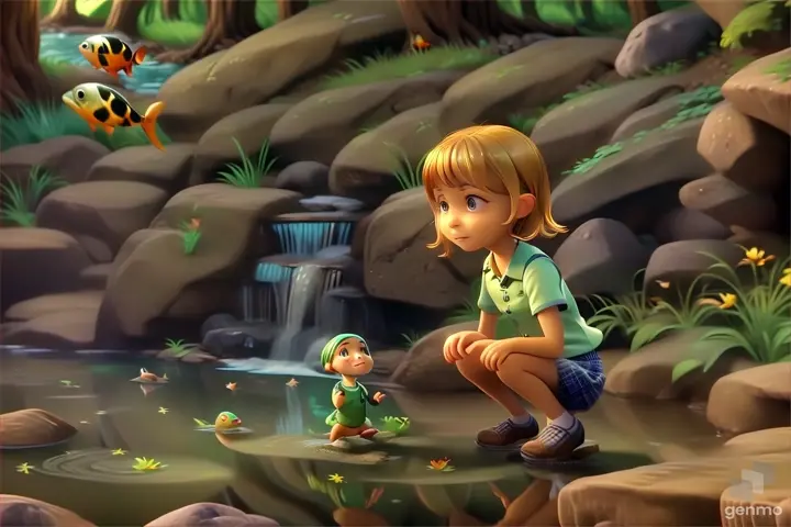 Lily crouches beside a babbling brook, her hand trailing through the cool, clear water as she watches fish darting beneath the surface, her heart filled with awe at the wonders of the natural world.

