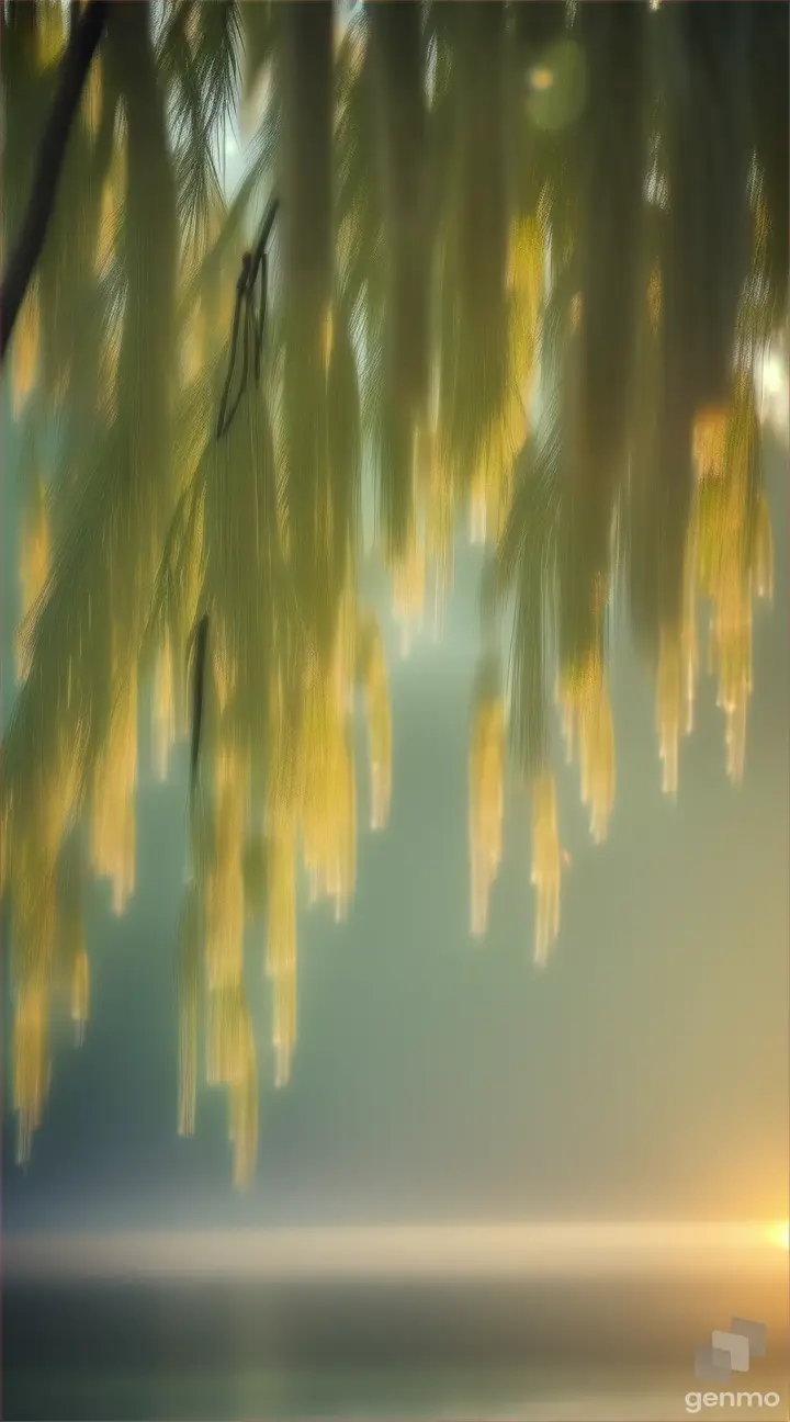 Drops of morning dew collecting on the slender branches of a weeping willow tree.
