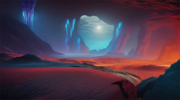 A surreal, glowing landscape on an alien planet, with underground rivers and crystals illuminating the dark