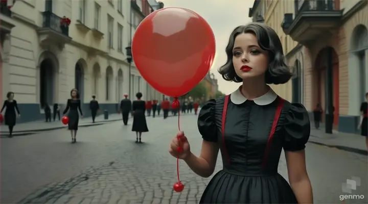 a woman in a black dress holding a red balloon