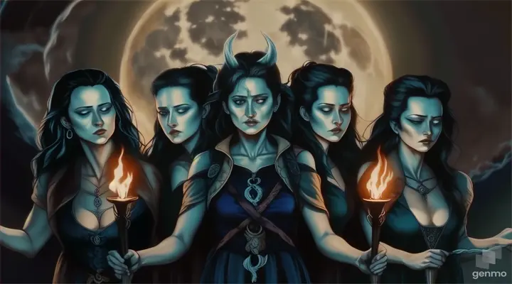 three witches holding torches in front of a full moon